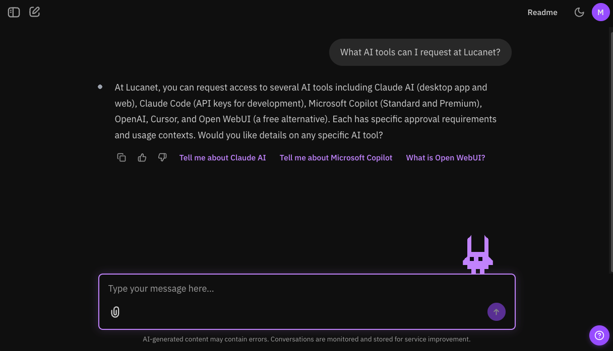 LISA answering a question about available AI tools at Lucanet