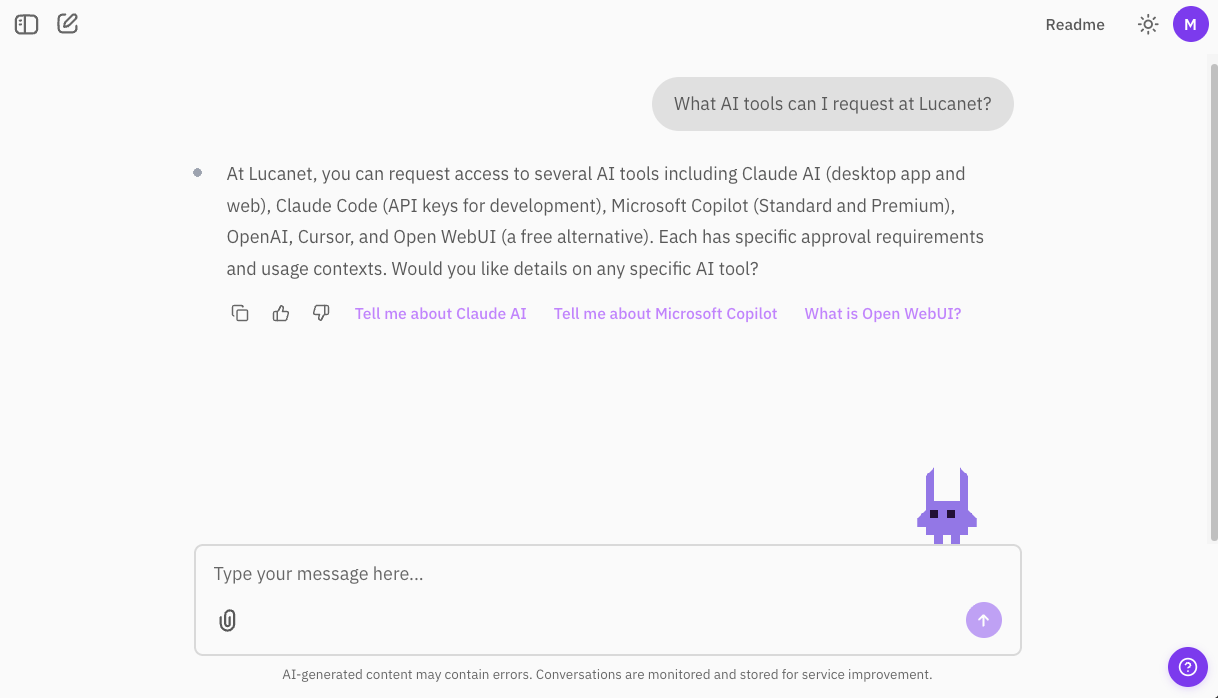 LISA answering a question about available AI tools at Lucanet