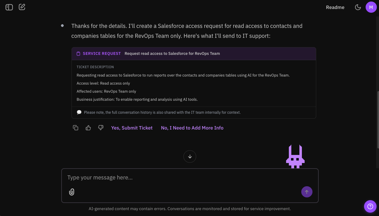 LISA creating a structured Salesforce access request ticket