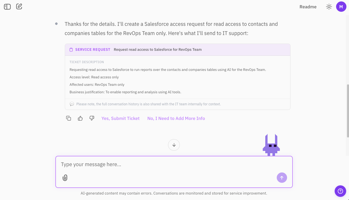 LISA creating a structured Salesforce access request ticket