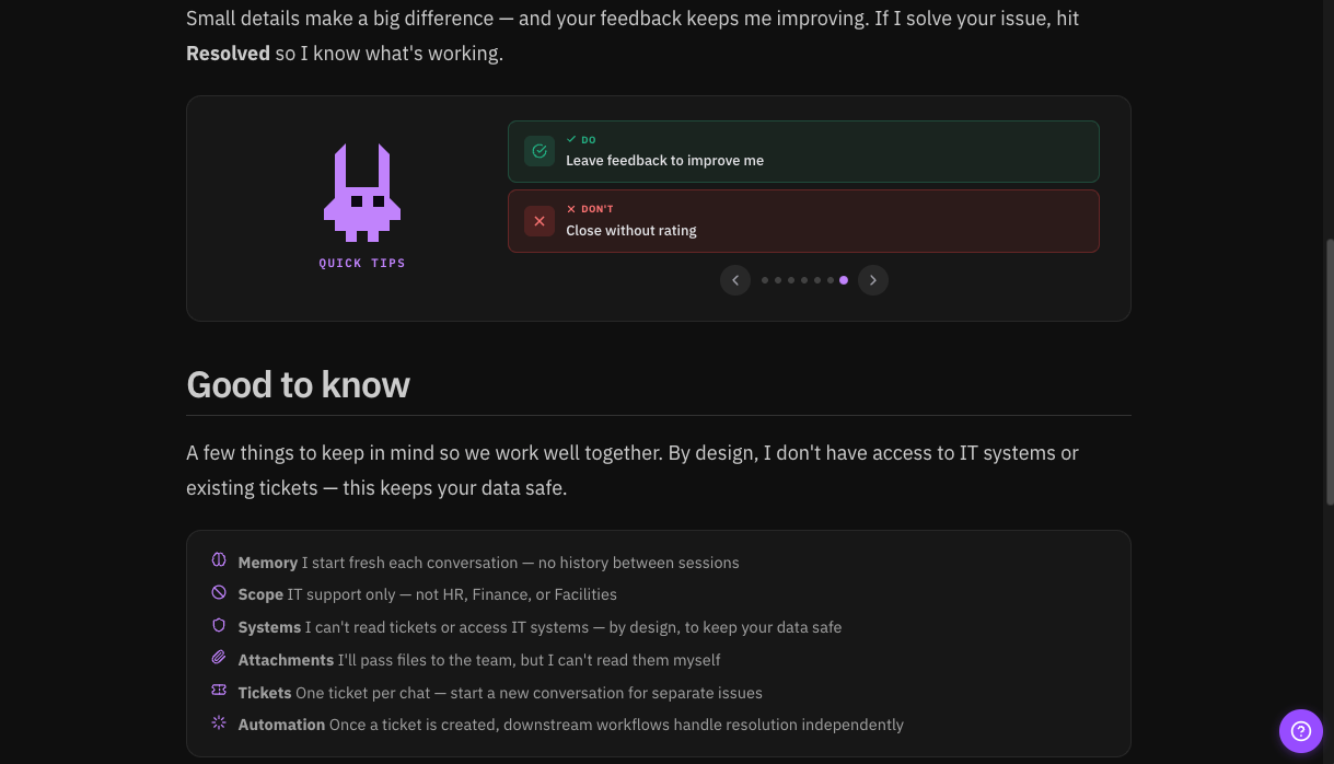 LISA quick tips showing feedback and good-to-know guidelines