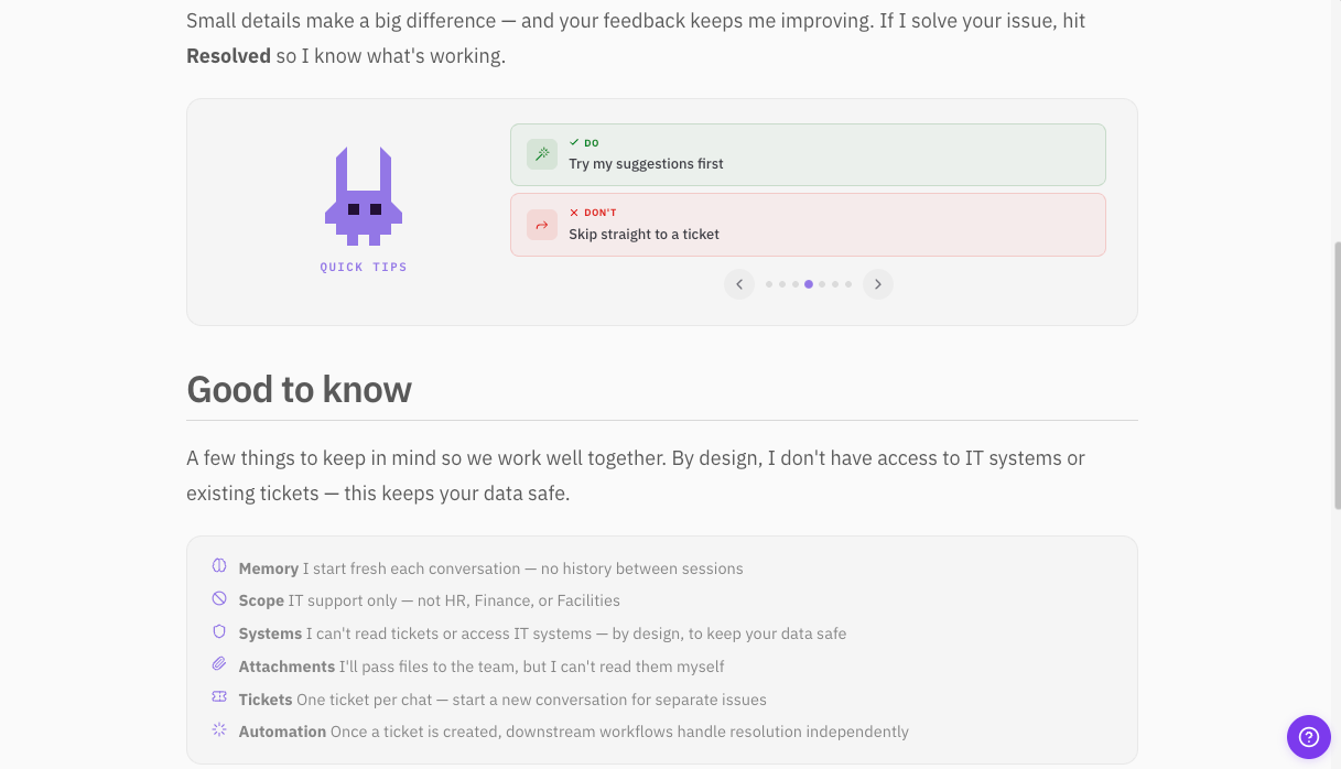 LISA quick tips showing feedback and good-to-know guidelines