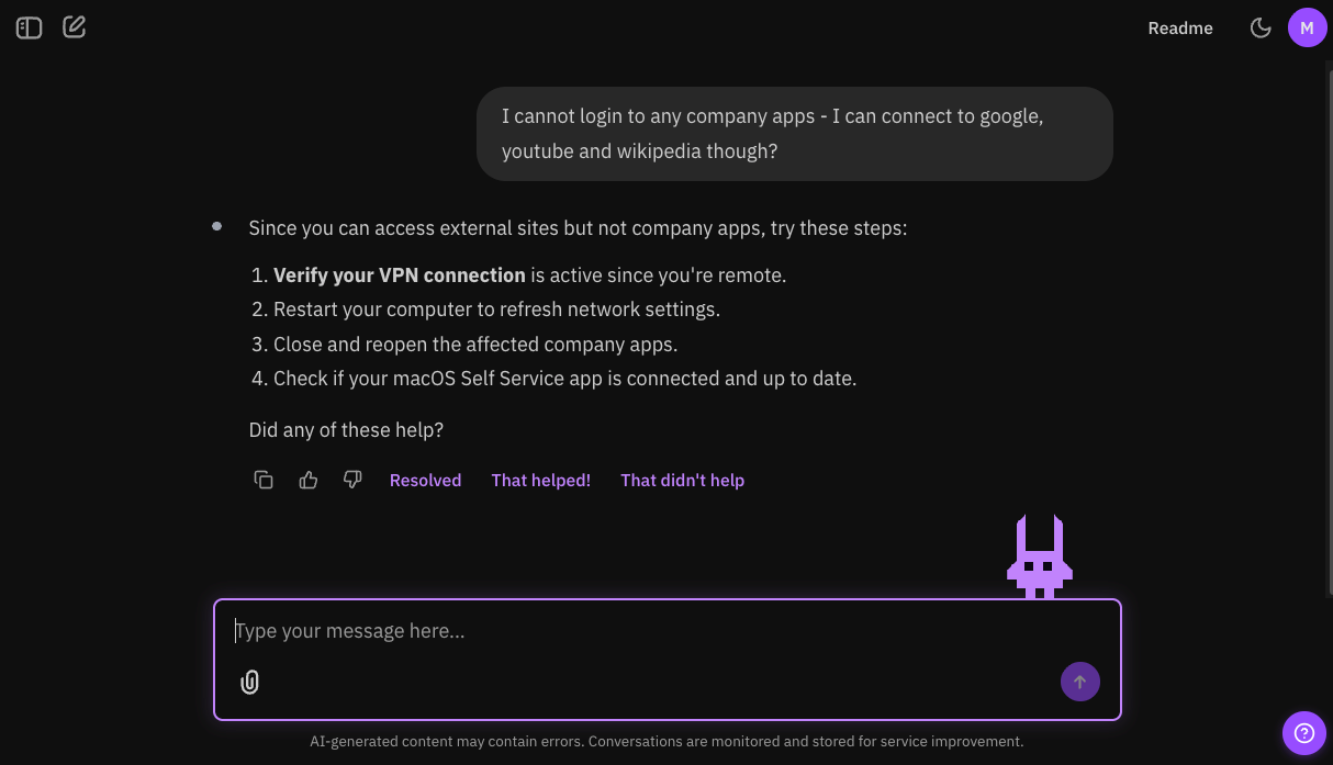 LISA walking a user through VPN troubleshooting steps with resolution options