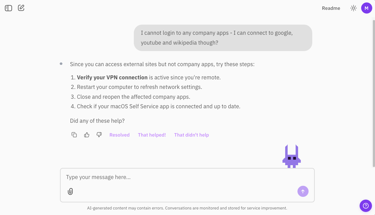 LISA walking a user through VPN troubleshooting steps with resolution options