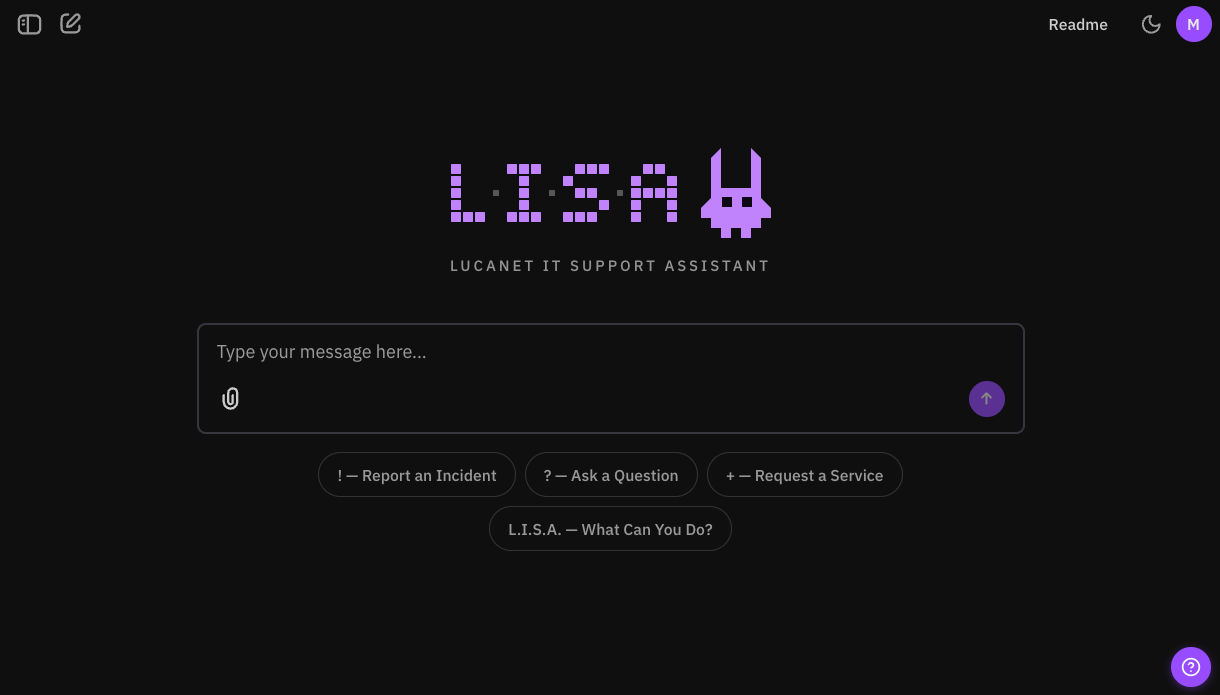 LISA welcome screen with pixel-art mascot, chat input, and quick action buttons