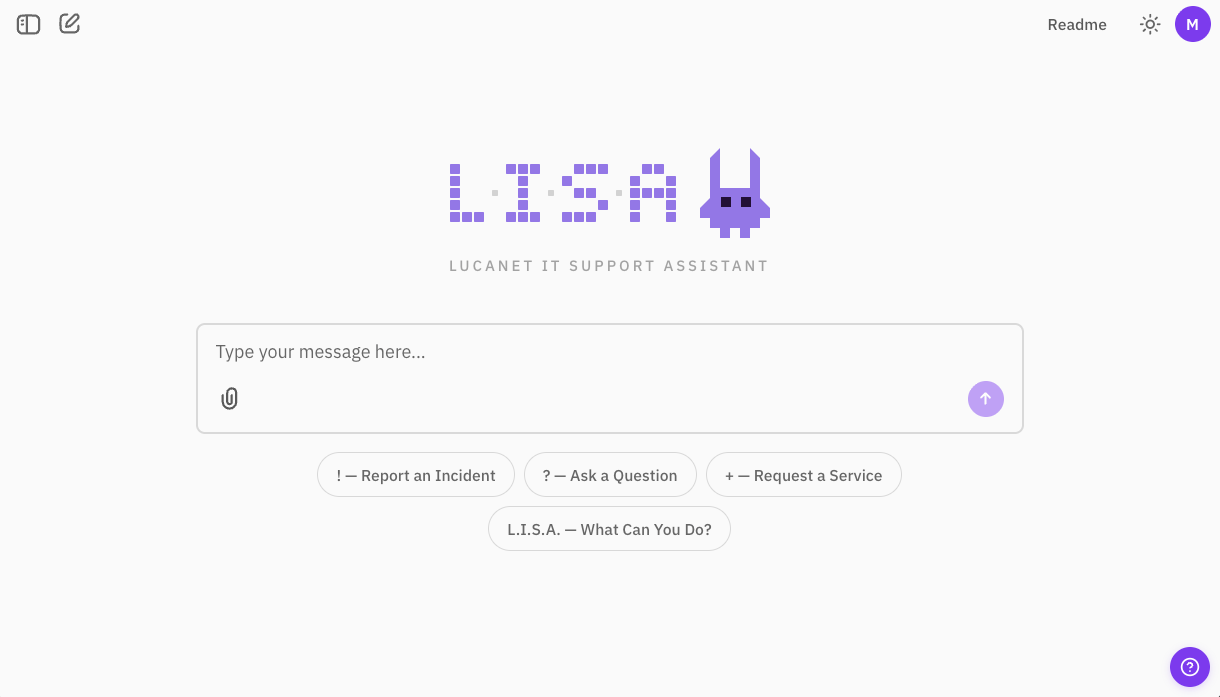 LISA welcome screen with pixel-art mascot, chat input, and quick action buttons